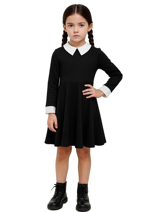 CQDY Girls Black Dress Kids Long Sleeve Vintage Peter Pan Collar T-Shirt Dress Halloween Costume Cosplay Outfit - Image 1